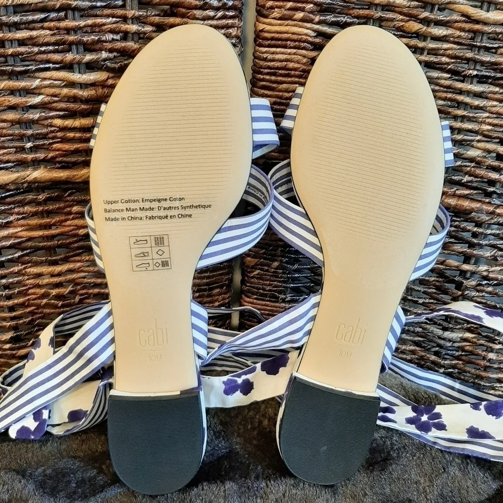 NWT CAbi Floral Wrap Up Floral Striped Sandals 6013 Tie Ankle Boho Blue White 10